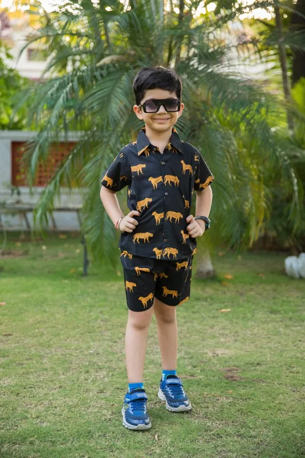 Black_Cheetah_Print_Shirt_Shorts_Co_Ord_Set_For_Boys