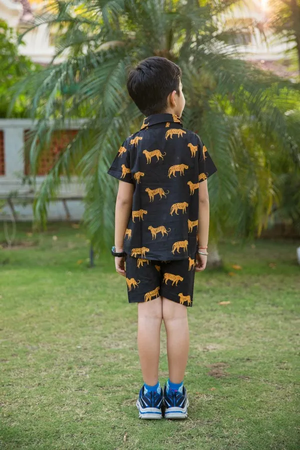 Black_Cheetah_Print_Shirt_Shorts_Co_Ord_Set_For_Boys