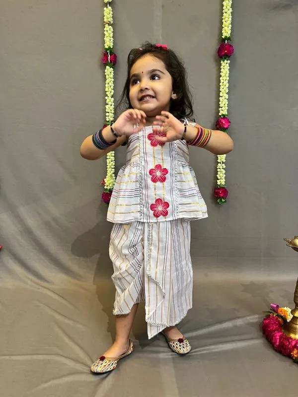 White_Cotton_Dhoti_Skirt_With_Embroidery_Peplum_Top_For_Girl