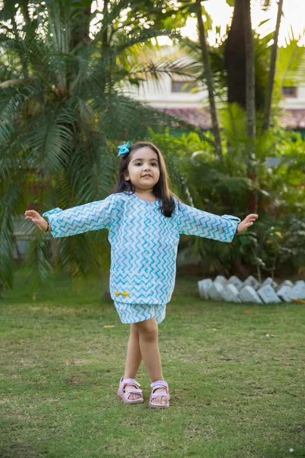 White_&_Blue_Embroidered_Chevron_Block_Print_Co_Ord_Set_For_Girls