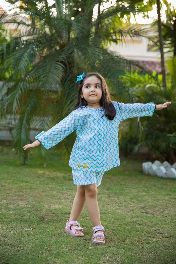 White_&_Blue_Embroidered_Chevron_Block_Print_Co_Ord_Set_For_Girls