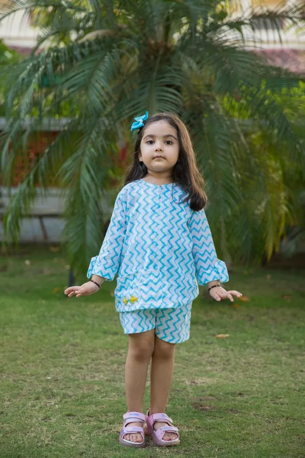 White_&_Blue_Embroidered_Chevron_Block_Print_Co_Ord_Set_For_Girls