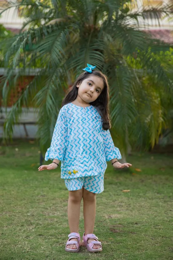 White_&_Blue_Embroidered_Chevron_Block_Print_Co_Ord_Set_For_Girls