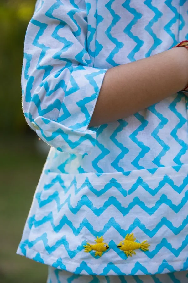 White_&_Blue_Embroidered_Chevron_Block_Print_Unisex_Co_Ord_Set_For_Boys