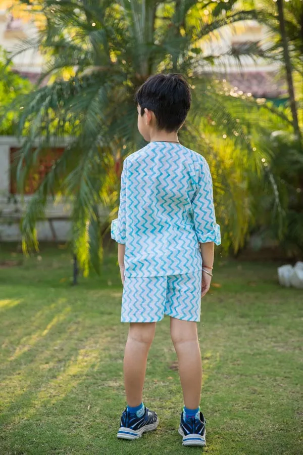 White_&_Blue_Embroidered_Chevron_Block_Print_Unisex_Co_Ord_Set_For_Boys