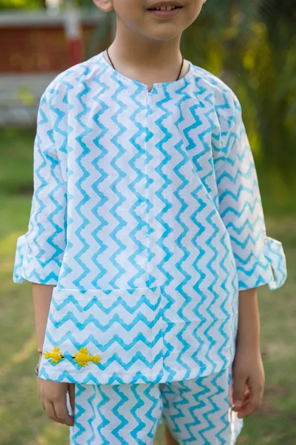 White_&_Blue_Embroidered_Chevron_Block_Print_Unisex_Co_Ord_Set_For_Boys