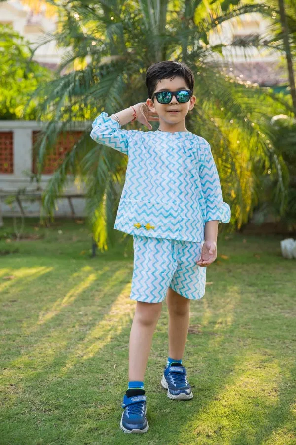 White_&_Blue_Embroidered_Chevron_Block_Print_Unisex_Co_Ord_Set_For_Boys