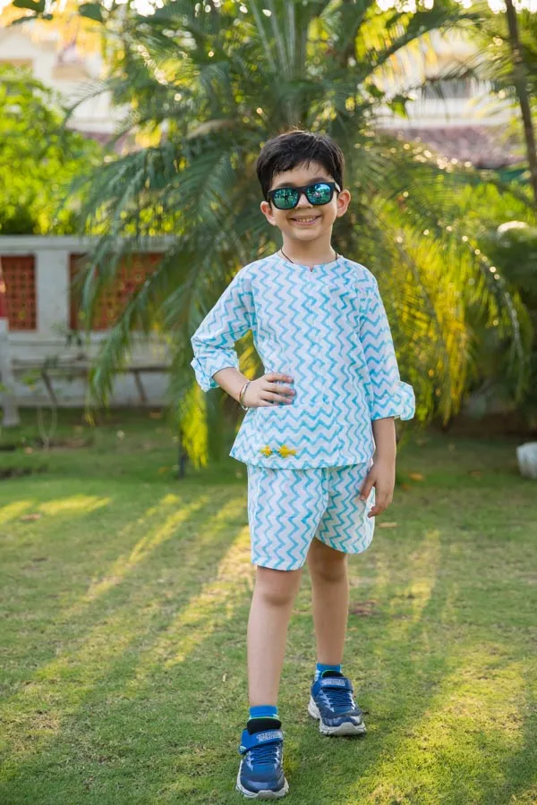 White_&_Blue_Embroidered_Chevron_Block_Print_Unisex_Co_Ord_Set_For_Boys