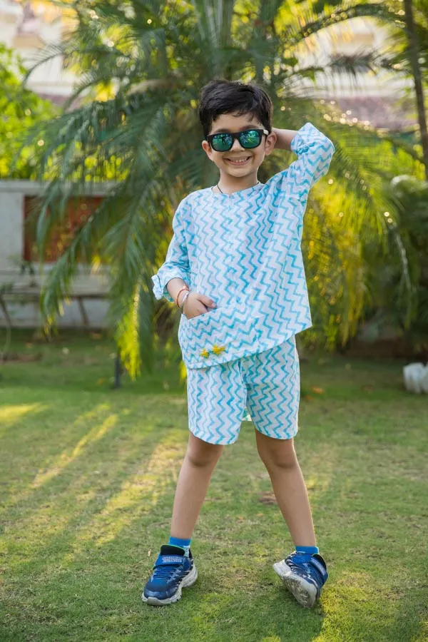 White_&_Blue_Embroidered_Chevron_Block_Print_Unisex_Co_Ord_Set_For_Boys