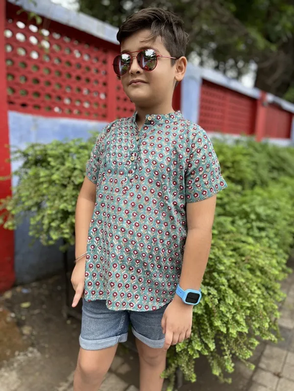 Teal_Floral_Cotton_Handblock_Printed_Shirts_For_Boys