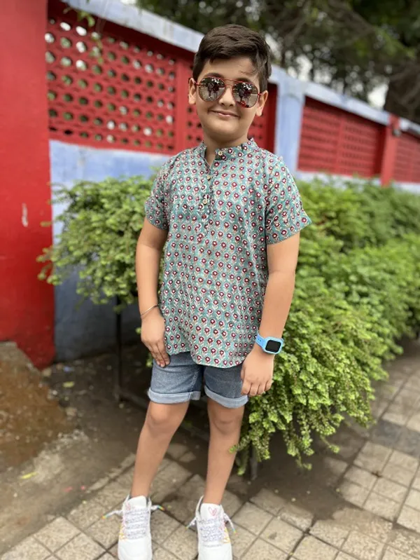 Teal_Floral_Cotton_Handblock_Printed_Shirts_For_Boys