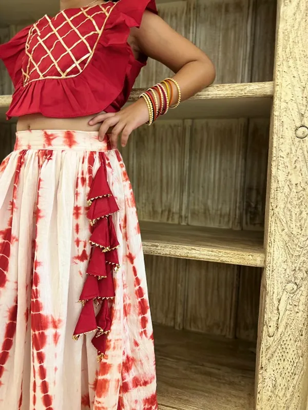 Red_And_White_Tie_Dye_Gota_Work_Lehenga_Skirt_Top_Set_For_Girls