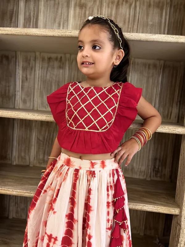 Red_And_White_Tie_Dye_Gota_Work_Lehenga_Skirt_Top_Set_For_Girls