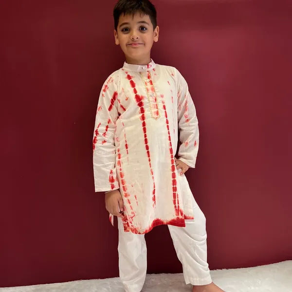 Red_And_White_Tie_Dye_Cotton_Kurta_Pyjama_Set_For_Boys