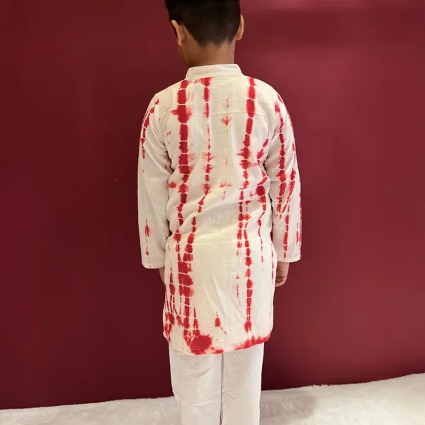 Red_And_White_Tie_Dye_Cotton_Kurta_Pyjama_Set_For_Boys