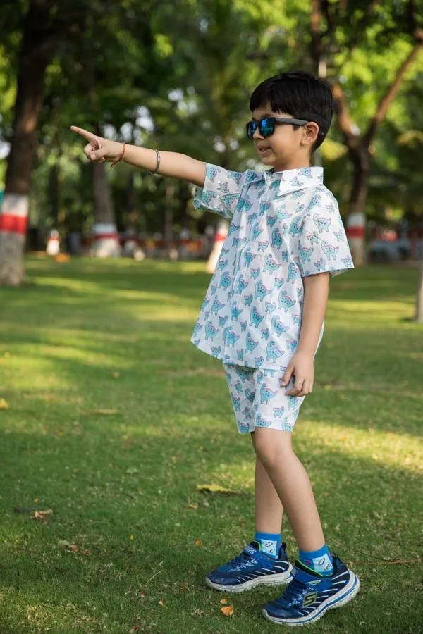 Blue_&_White_Dino_Print_Shirt_Shorts_Co_Ord_Set_For_Boys