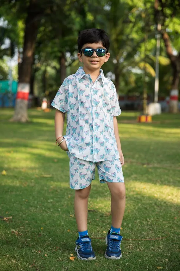Blue_&_White_Dino_Print_Shirt_Shorts_Co_Ord_Set_For_Boys