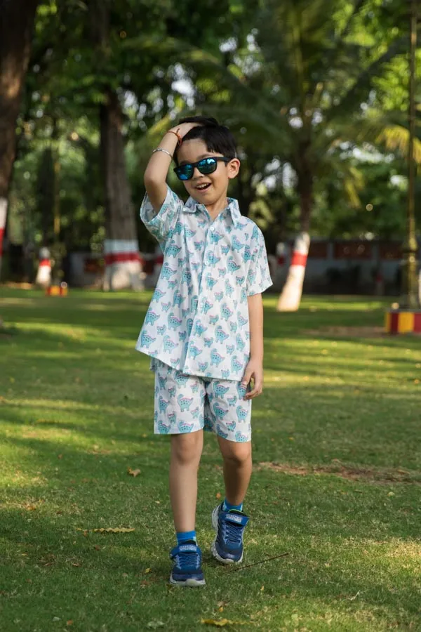 Blue_&_White_Dino_Print_Shirt_Shorts_Co_Ord_Set_For_Boys