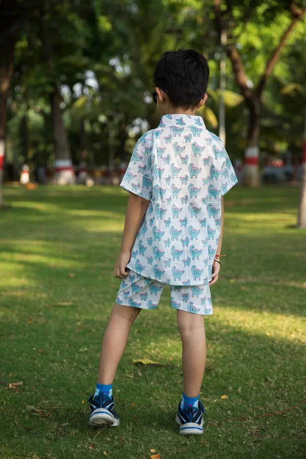 Blue_&_White_Dino_Print_Shirt_Shorts_Co_Ord_Set_For_Boys