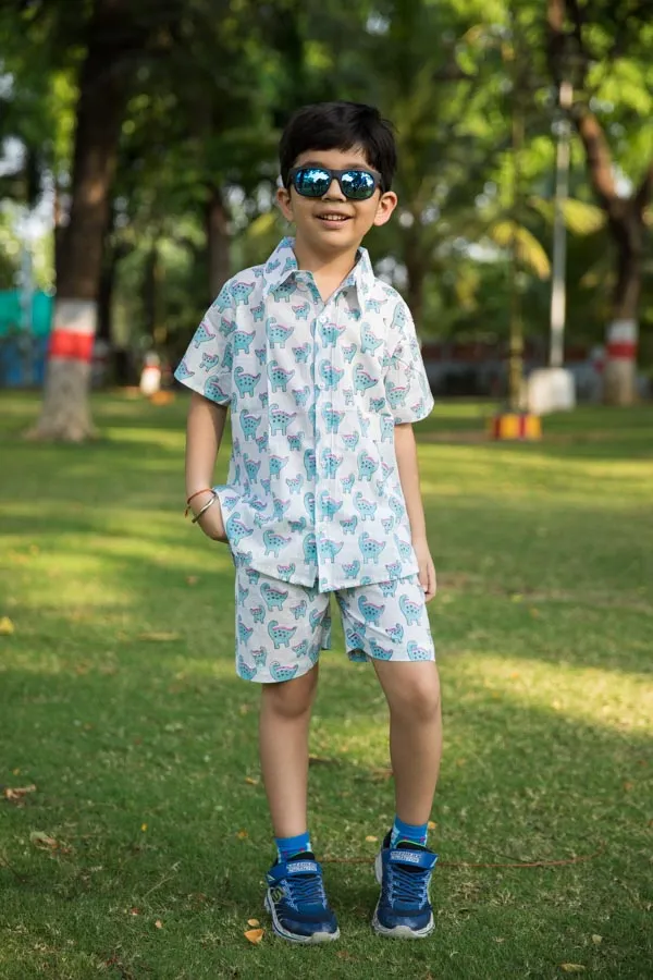 Blue_&_White_Dino_Print_Shirt_Shorts_Co_Ord_Set_For_Boys