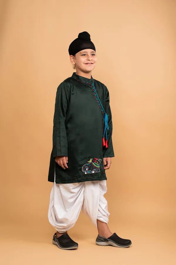 Green_And_White_Embroidery_Angrakha_Kurta_Dhoti_Set_For_Boy
