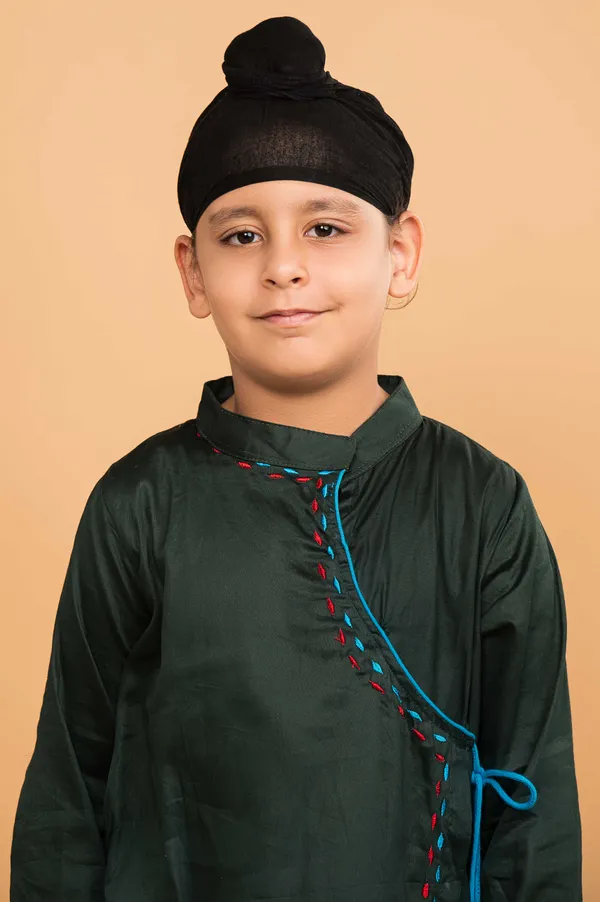 Green_And_White_Embroidery_Angrakha_Kurta_Dhoti_Set_For_Boy