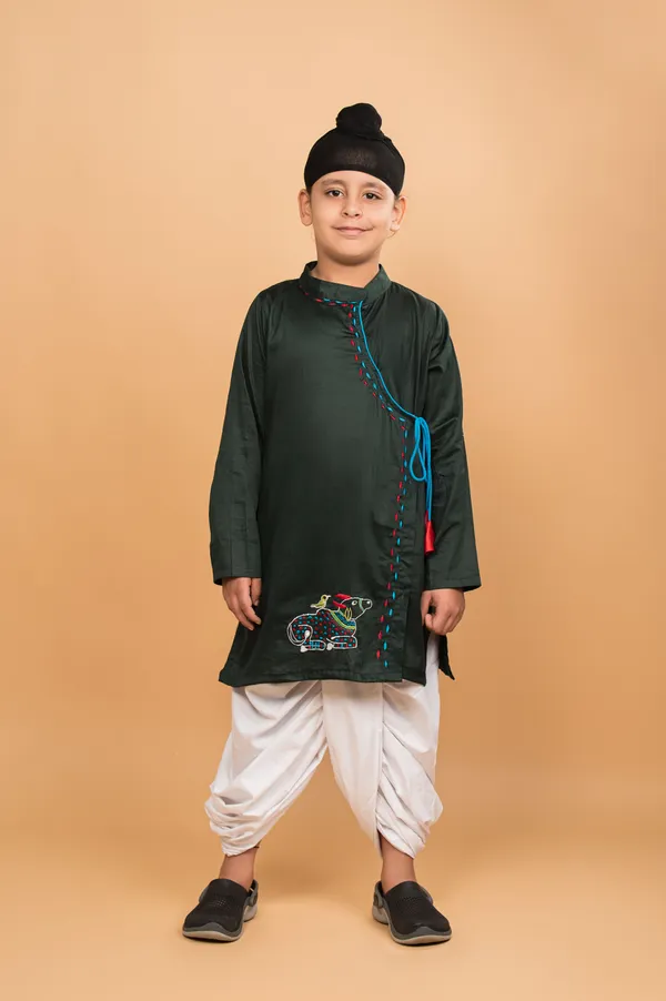 Green_And_White_Embroidery_Angrakha_Kurta_Dhoti_Set_For_Boy