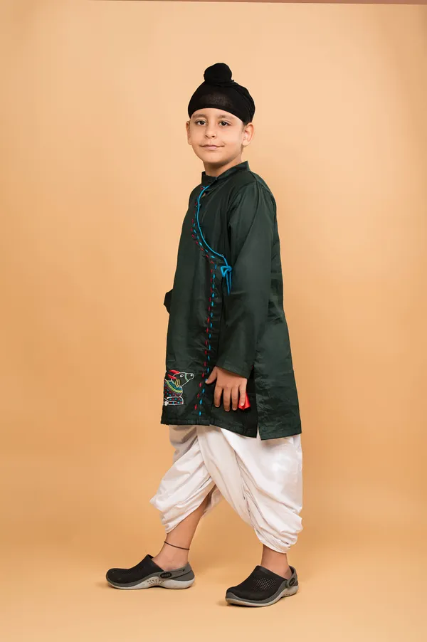 Green_And_White_Embroidery_Angrakha_Kurta_Dhoti_Set_For_Boy