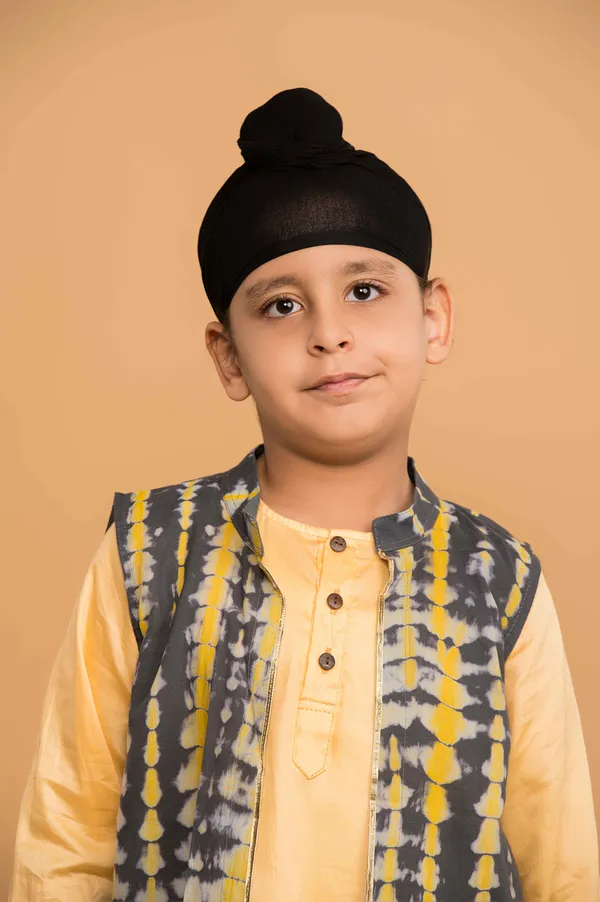 Yellow_And_Grey_Solid_And_Shibori_Kurta_Jacket_Set_For_Boys