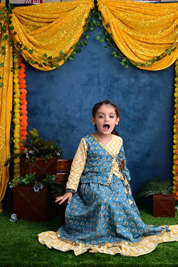 Blue_And_Yellow_Two_Piece_Cotton_Block_Printed_Lehenga_Choli_Set_With_Frills_And_Tassels_For_Girls