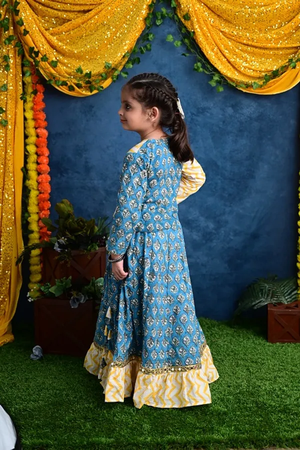 Blue_And_Yellow_Two_Piece_Cotton_Block_Printed_Lehenga_Choli_Set_With_Frills_And_Tassels_For_Girls
