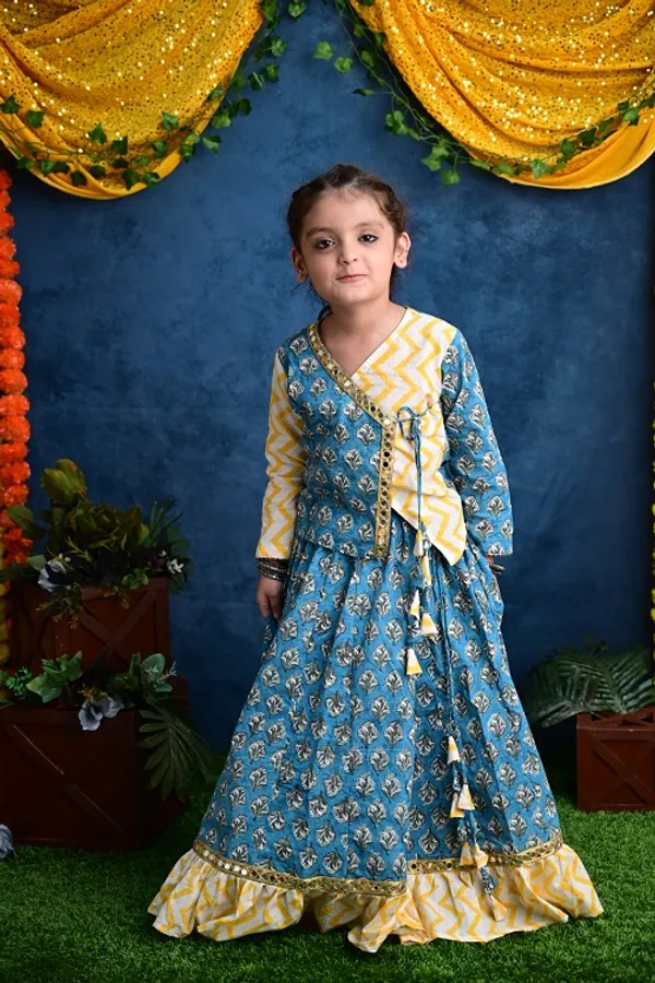 Blue_And_Yellow_Two_Piece_Cotton_Block_Printed_Lehenga_Choli_Set_With_Frills_And_Tassels_For_Girls