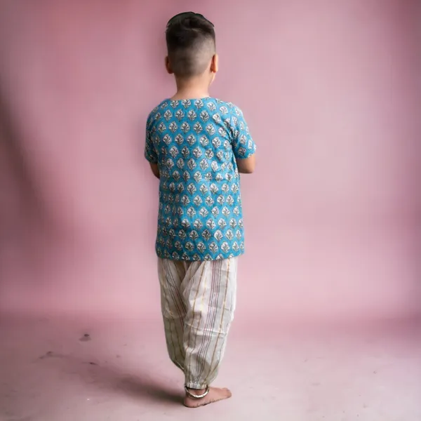 Blue_And_White_Two_Piece_Cotton_Block_Print_Angrakha_Kurta_And_Harem_Pant_Set_For_Boys