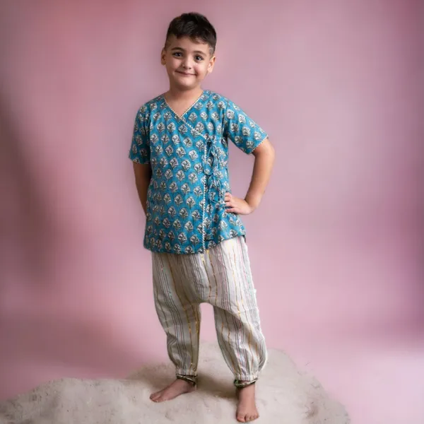 Blue_And_White_Two_Piece_Cotton_Block_Print_Angrakha_Kurta_And_Harem_Pant_Set_For_Boys