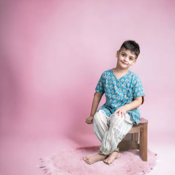 Blue_And_White_Two_Piece_Cotton_Block_Print_Angrakha_Kurta_And_Harem_Pant_Set_For_Boys