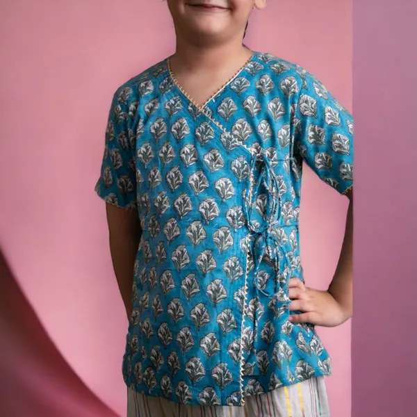 Blue_And_White_Two_Piece_Cotton_Block_Print_Angrakha_Kurta_And_Harem_Pant_Set_For_Boys