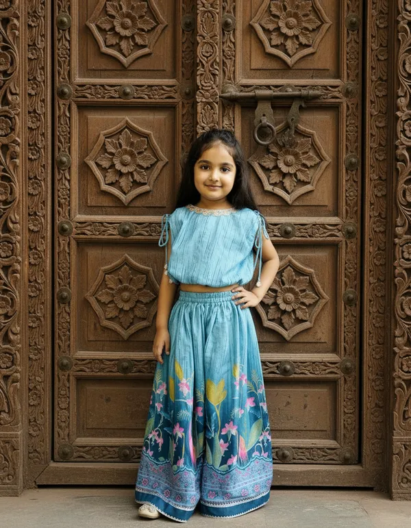 Blue_2_Piece_Digital_Print_Skirt_Top_Set_For_Girls