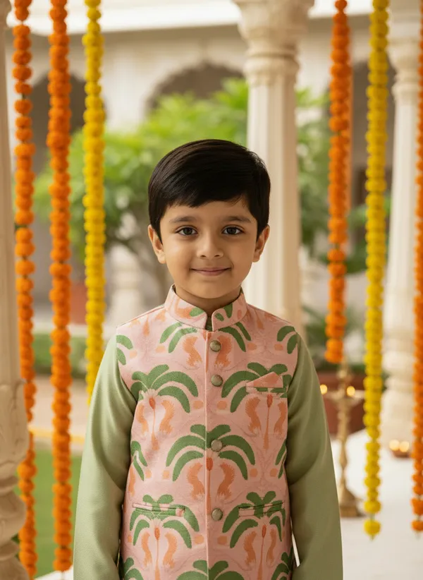 Green_And_Peach_3_Piece_Digital_Print_Kurta_Pyjama_With_Printed_Nehru_Jacket_Set_For_Boys