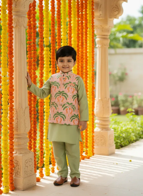 Green_And_Peach_3_Piece_Digital_Print_Kurta_Pyjama_With_Printed_Nehru_Jacket_Set_For_Boys
