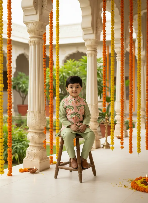 Green_And_Peach_3_Piece_Digital_Print_Kurta_Pyjama_With_Printed_Nehru_Jacket_Set_For_Boys