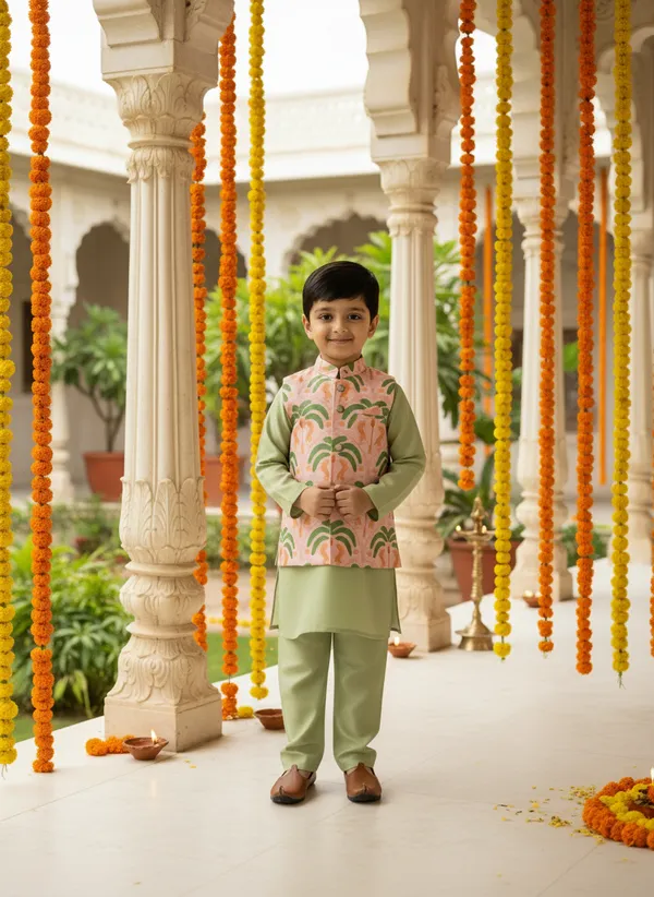 Green_And_Peach_3_Piece_Digital_Print_Kurta_Pyjama_With_Printed_Nehru_Jacket_Set_For_Boys