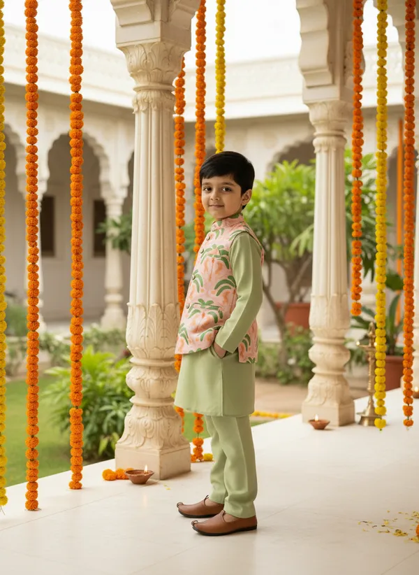 Green_And_Peach_3_Piece_Digital_Print_Kurta_Pyjama_With_Printed_Nehru_Jacket_Set_For_Boys
