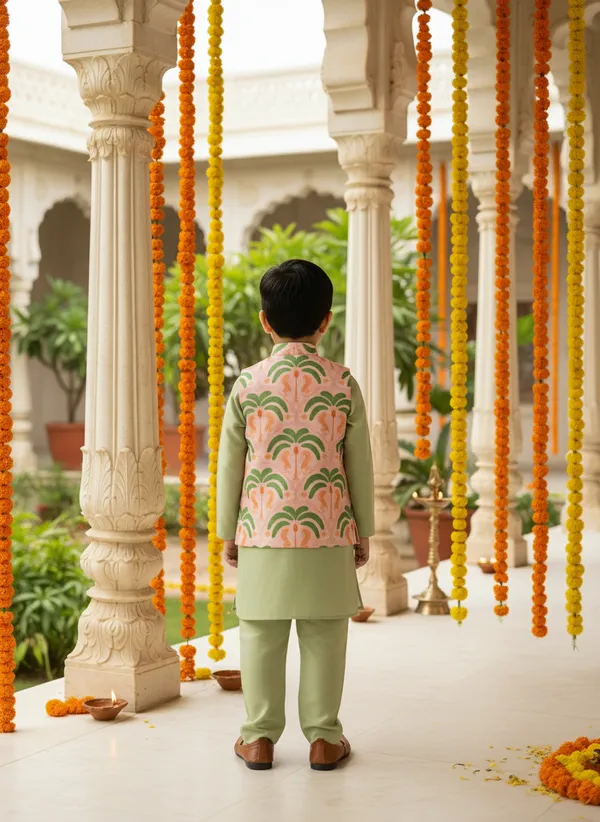 Green_And_Peach_3_Piece_Digital_Print_Kurta_Pyjama_With_Printed_Nehru_Jacket_Set_For_Boys