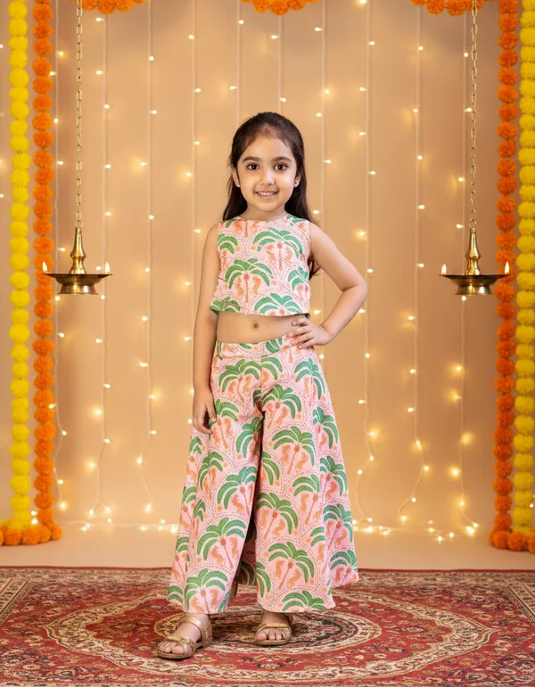 Peach_And_Green_2_Piece_Digital_Palm_Print_Coord_Set_For_Girls