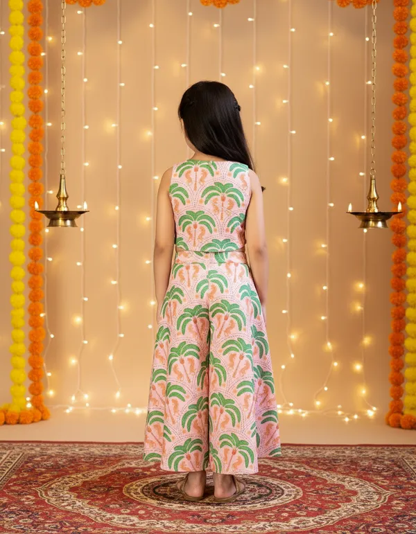 Peach_And_Green_2_Piece_Digital_Palm_Print_Coord_Set_For_Girls