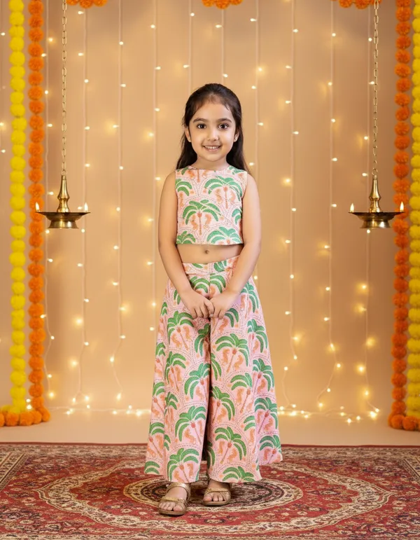 Peach_And_Green_2_Piece_Digital_Palm_Print_Coord_Set_For_Girls