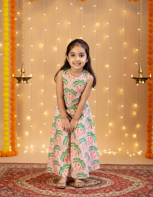 Peach_And_Green_2_Piece_Digital_Palm_Print_Coord_Set_For_Girls