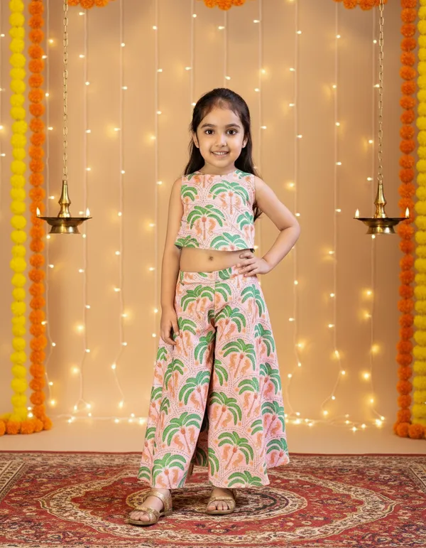 Peach_And_Green_2_Piece_Digital_Palm_Print_Coord_Set_For_Girls
