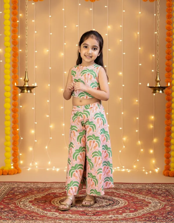 Peach_And_Green_2_Piece_Digital_Palm_Print_Coord_Set_For_Girls