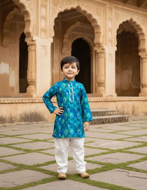 Blue_And_White_Peacock_Print_2_Piece_Cotton_Kurta_Pyjama_Set_For_Boys